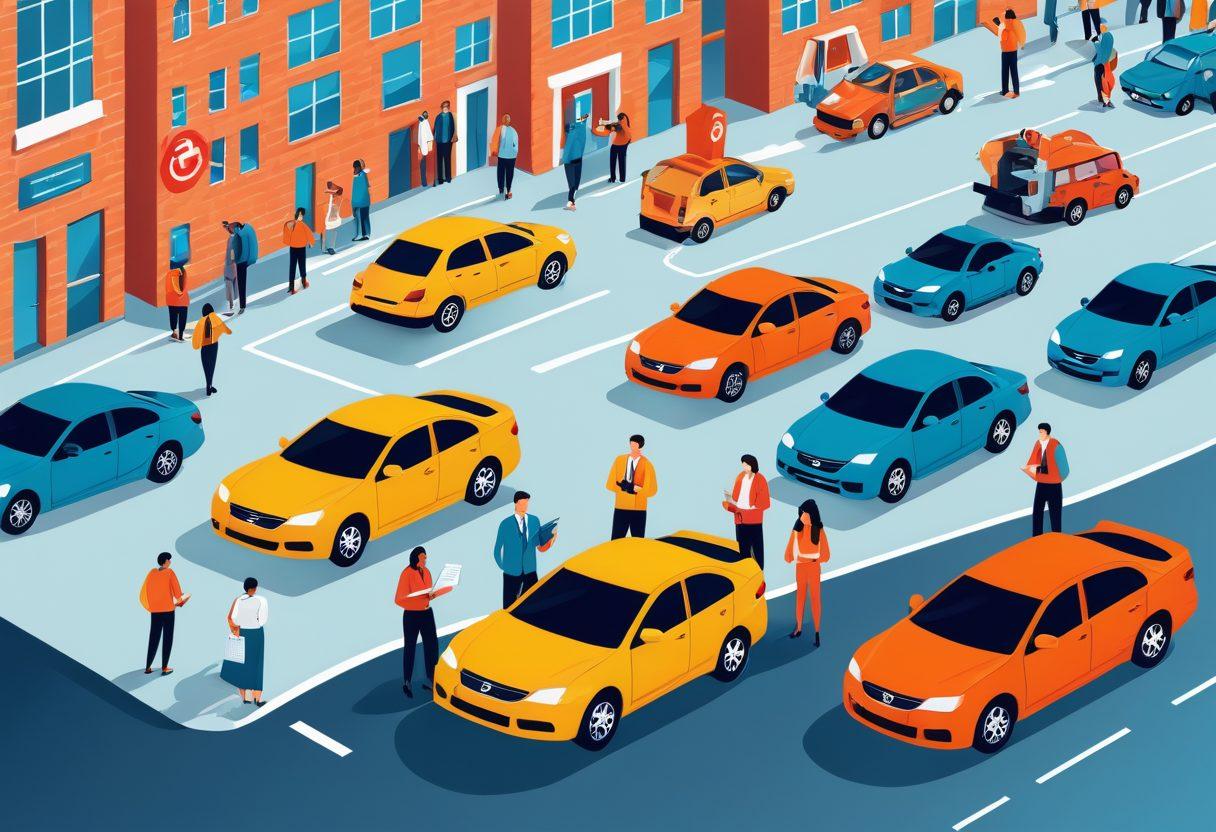 An illustration of a diverse group of people discussing motor vehicle insurance, surrounded by floating icons of cars, documents, and safety symbols. In the background, a city road is visible with various types of vehicles. The people should appear engaged and thoughtful, depicting teamwork in risk management. Bright and modern, conveying a sense of professionalism and clarity. vibrant colors. vector art.