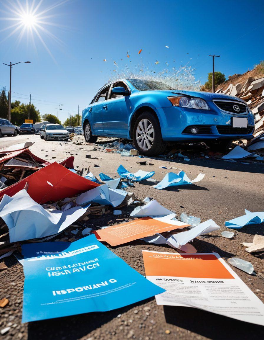 A visually striking split image showcasing a car accident scene on one side and the same car perfectly intact on the other, symbolizing the transition from liability to full coverage. Include a clear blue sky and a road sign reading 'Insurance Options Ahead.' Surrounding elements can include colorful insurance policy documents swirling in the air, underlining the theme of exploration. super-realistic. vibrant colors. dynamic composition.