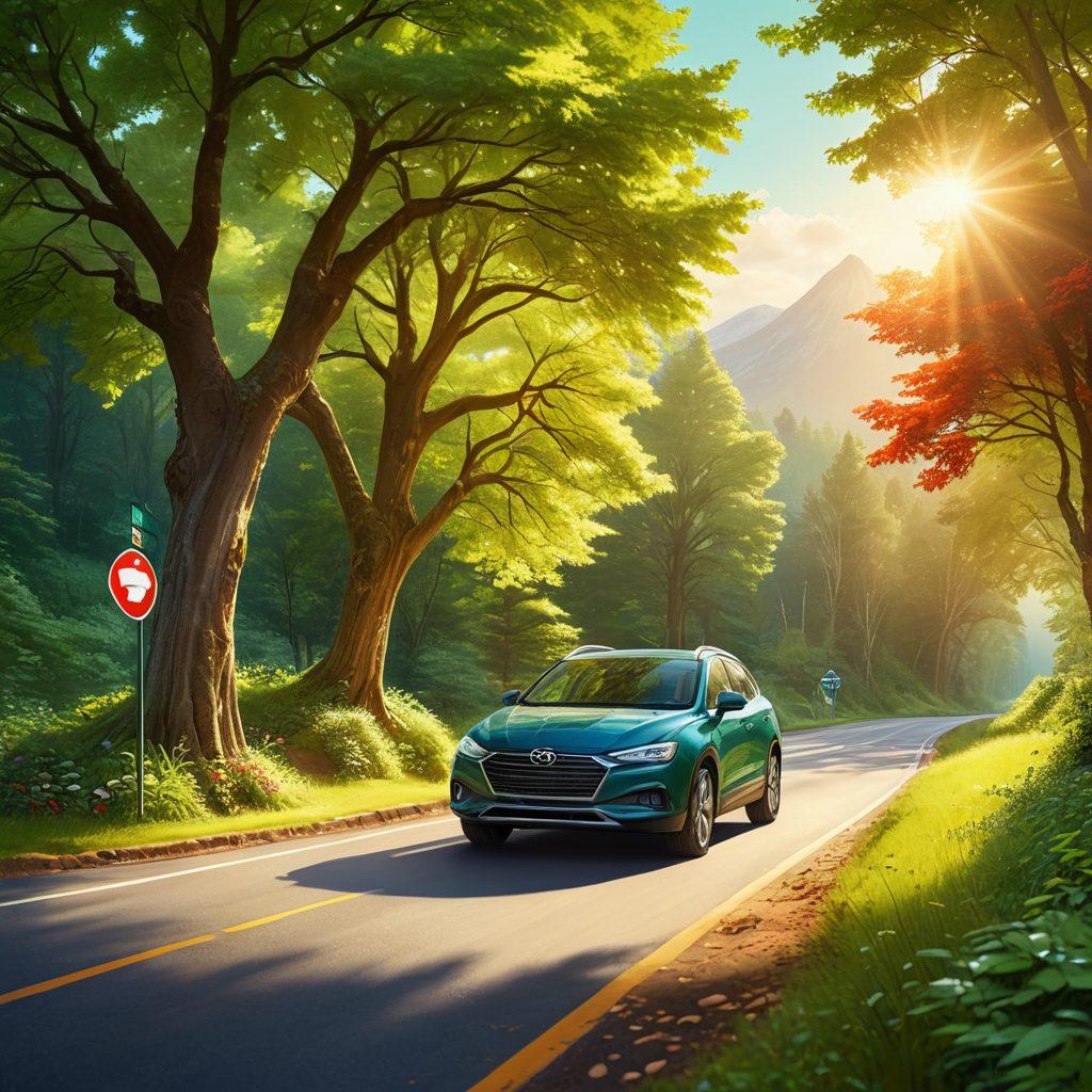 An inviting road winding through serene landscapes, bordered by lush greenery and occasional road signs depicting various car insurance symbols. A family car is parked along the side, with a protective shield graphic overlay symbolizing coverage. Soft sunlight filters through the trees, creating a warm and welcoming atmosphere. The text 'Road to Protection' is stylishly integrated into the scenery. digital painting. vibrant colors. tranquil mood.
